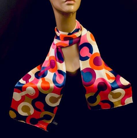Modern Coach Neck scarf by Coach: Beautiful Modern Coach Neck scarf/jacket scarf. Narrow out to compliment a blazer or jacket. 60x8.5inch a pop of color just in time for Spring/summer. 100% silk