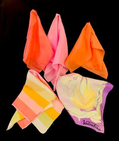 6 Pretty in Pink Vintage to Now: Fabulous Grouping of assorted pinks, move over drab winter colors and hello gorgeous! Assorted designs and shades including silk, cotton, and amazing grapefruit hand rolled rayon crepe handkerchief