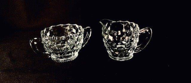 Vintage Fostoria American Clear (2056): Beautiful Cubist design Fostoria American Clear 2016 Cream and Sugar Bowl set, 3 inches tall