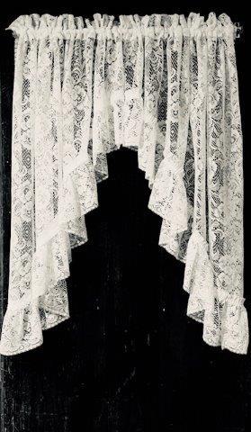 Two sets of Vintage White lace window Treatments: Beautiful pairing of 2 sets of lovely romantic double scalloped white lace window treatments. Each panels measuring 40 inches side to side when layed flat. Equalling 80 inches flat when you put two to