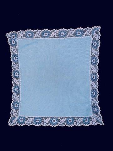 Gorgeous Vintage Blue Table Doily: Beautiful blue color, between periwinkle and cornflower, this square table doily measures 18x18 inches with gorgeous scalloped lace trim on all edges