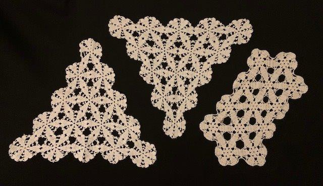 Trio of Crochet Lace Doilies: 3 beautiful Vintage crochet lace doilies. One is 17.5x8 inches, two are 16.5x19 inches