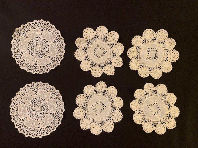 6 Romantic Vintage Round lace Doilies: Beautiful in design , these 6 lace table doilies are 2 different patterns, 4 match, with 7.5 inch diameter, while the other 2 match with 8 inch diameter, note small set not fabric