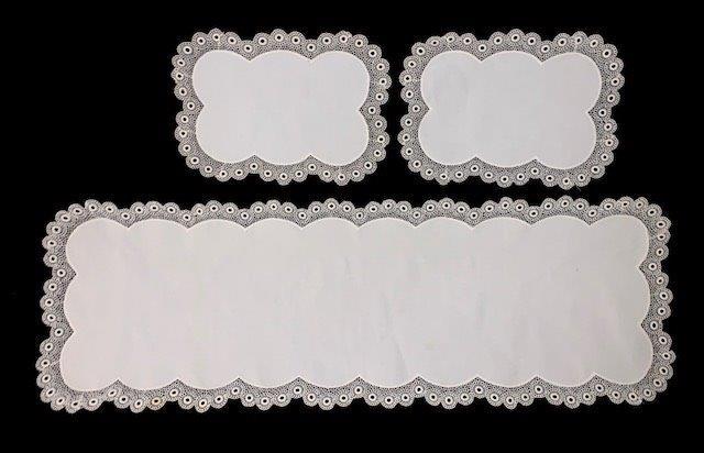 Trio of Embroidered Table Runners: Beautifully Embroidered table linens with scalloped edge. One is 42x14 inches, two are 14x10 inches