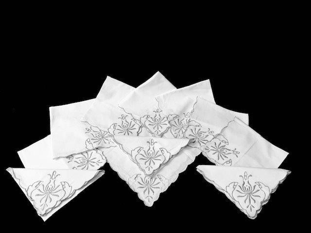 Beautiful Embroidered Holiday Napkins: Set of 11 off white embroidered in gray cloth napkins, lovely embroidered pattern makes shape of candle 14.5x14.5 inches
