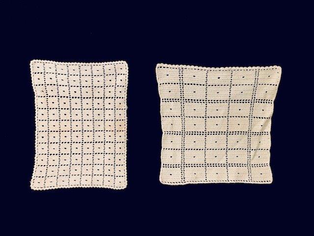 Two Cubist Doilies: 2 heavy Cotton Crochet white table Doilies 15x15 inches and 15x11 inches