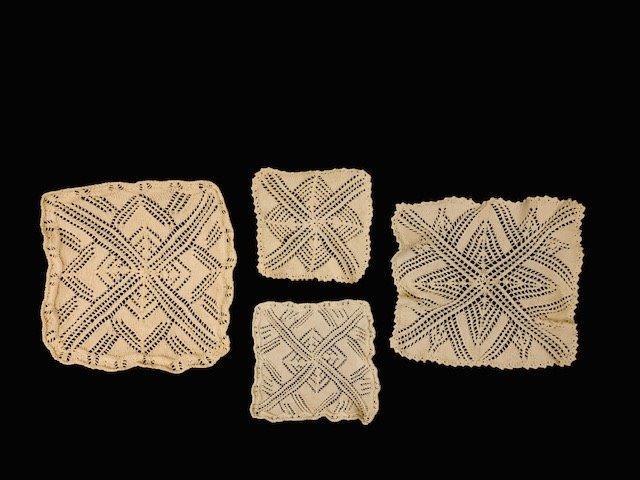 4 Vintage Savore Style Crochet Lace Doilies: Off white doilies. One is 7.5x7 inches, one is 10x11 inches, one is 7.5x7.5 inches, one is 12x12 inches