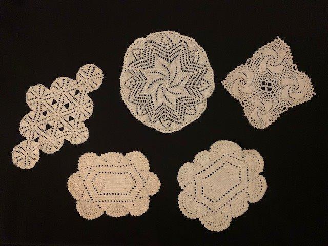 5 Lace Crochet Doilies: 5 Beautiful Lace Crochet Doilies 10.25 inches diameter. One is 10.5x8 inches, one is 11x8 inches, one is 14x18 inches diamond shape, one is 6.5x7 inches