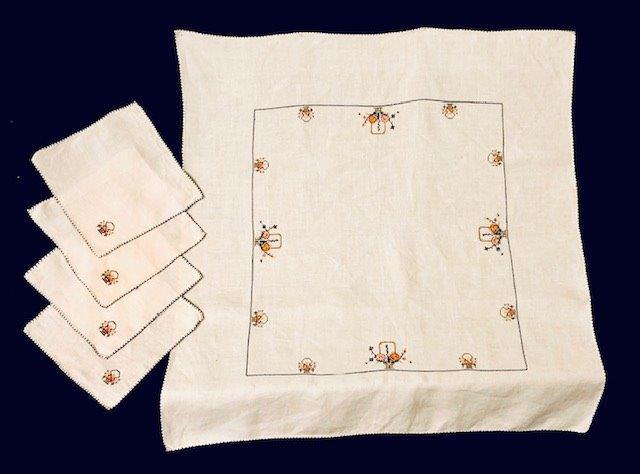 Beautiful Embroidered Linen Set: Lovely Basket embroidered table covering and napkin set. Napkins 9x9 inches, table linen 32x32 inches