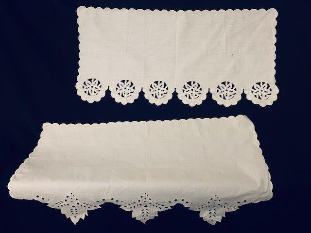 Two Table Edge Cover Clothes: Two Table Edge table clothes, maybe catering mats. One is 31 inches long, one is 32 inches long, 15 inch drop