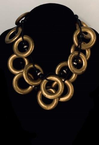 Black Bead Necklace with gold tone metal rings (1 of 1)