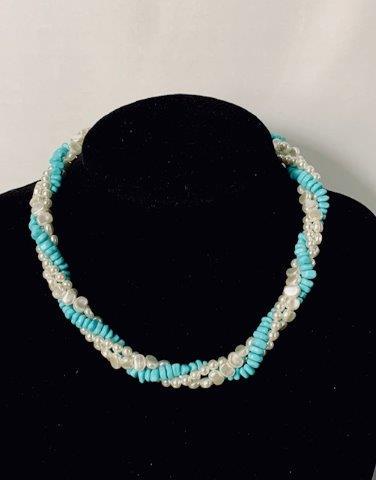 Pearl and Turquoise braided necklace (1 of 1)