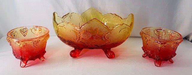 Grouping of 3 Amber Carnival Glass: one Large Footed Serving Pad, with 2 complimentary vessels