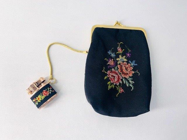 Vintage Cigarette Case with Attached Lighter: Classic Vintage cigarette pouch with embroidered needle point floral design and attached lighter (lighter untested)