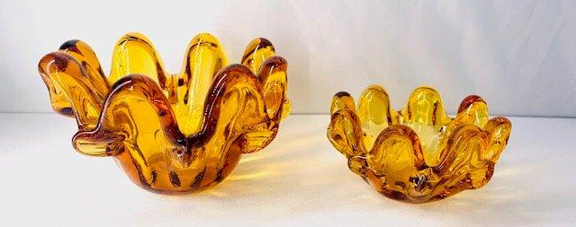 Vintage Amber Ashtrays by Blenko: Iconic Mid Century Glass Ashtray by Blenko, rich amber color.