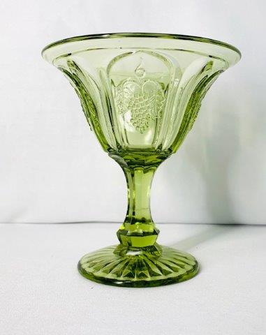 Vintage Mid Century Avocado Glass Chalice: Paneled glass with grape design 6 inches tall