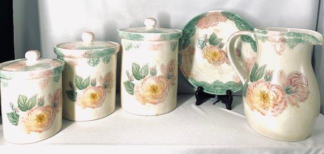 Vintage Kitchen Canister Set: Beautifully Hand painted and glazed canister with lids, water pitcher and bowl