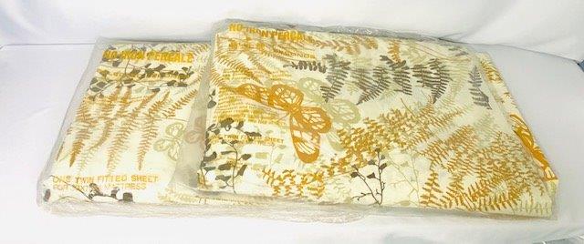Vintage (new) Twin Bed Sheet Set: This Great Estate Find is a set of Brand New, unopened, vintage twin bed sheets. With golden butterfly and fern design made for 39x75inch twin mattress. Includes both flat and fitted sheets