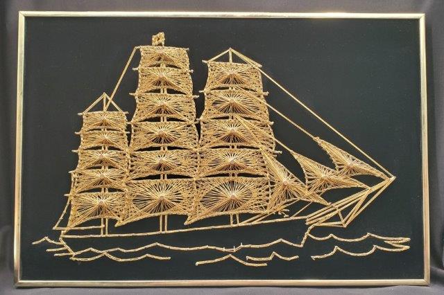 Mid Century String Art - Sailboat: Amazing Vintage mid Century string wall art depicting sail boat, framed, 16x24 Inches