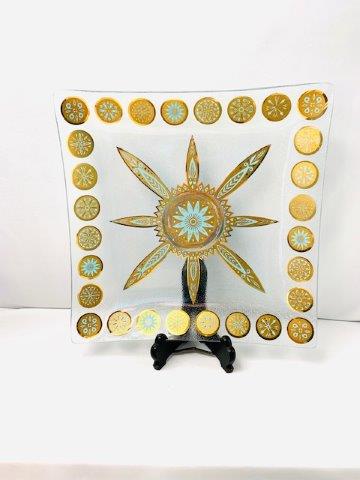 Vintage Mid Century Georges Briard Style Serving Tray: Stunning 22kt gold trim and vibrant teal coloring. This gorgeous serving tray measures 11.5x11.5 inches.