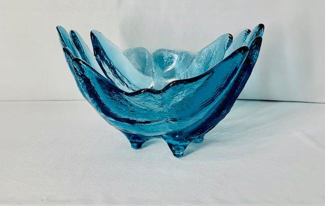 Vintage Mid Century Footed Bowl by Blenko: Iconic Mid Century Glasswork designed Blenko gives you another classic right here! Beautiful vibrant bowl with ribbed waves design. 5 inches tall