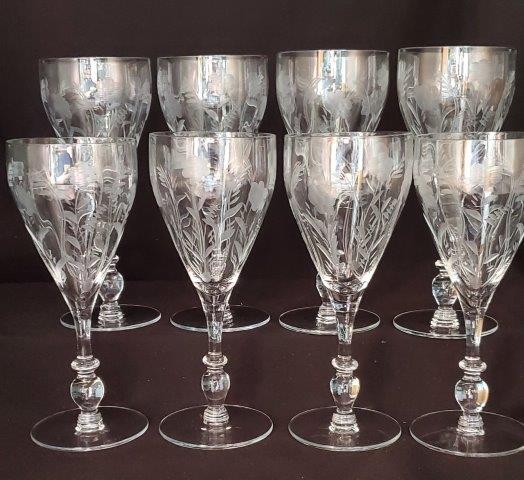 Stunning Etched Cambridge Wine Goblets: Beautiful Etched Set of 8 Cambridge Wine Goblets, 8 inches tall