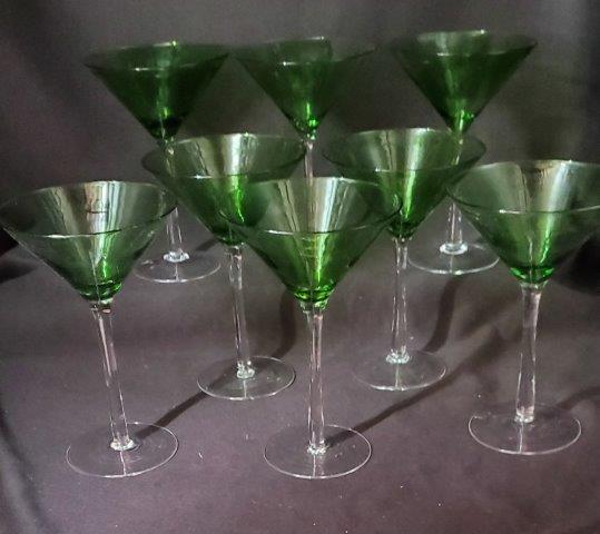 Hand Blown Green Glass Martini Glasses: Fabulous Set of 8 hand Blown Glass. 7.5 inches tall with clear stem, absolutely gorgeous