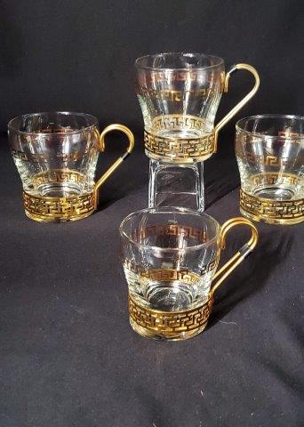 Gold Trim Greek Key Mugs: Super Cool Glass Mugs with 22kt gold trim Greek Key Design, with metal handles. 3.5 inches tall