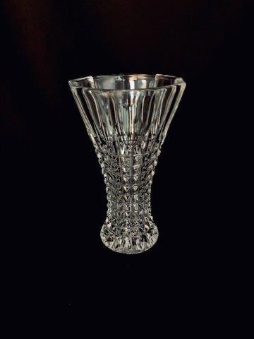 Geometric Crystal Bud Vase: Cube Styling, flared shape. 6.5 inches tall, 3.75 inches wide at top and 2.5 inches wide at base