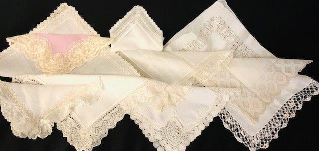 Collection of 10 Lux Lace handkerchief: Gorgeous assortment of vintage ladies handkerchiefs all intricately detailed trimmed with lace or embroidery.Â Minor spotting in areas however should come out with cleaning otherwise they all are i