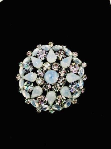 Large vintage signed Coro brooch: Stunning opal and AB rhinestone on this signed vintage Coro brooch a sensational 2 1/4 inch diameter in perfect condition.