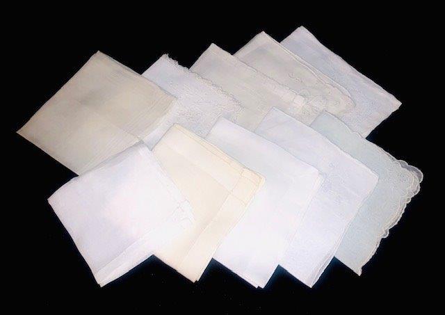 Grouping of 10 vintage handkerchiefs: Lovely grouping of 10 unique handkerchief all white and off-white with detailed stitching and embroidery.