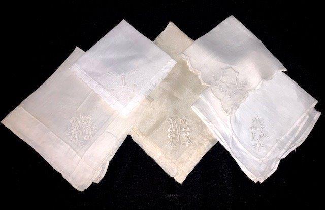 Five monogrammed initial M handkerchiefs: Beautiful assortment of five vintage handkerchiefs all monogrammed with an embroidered M on them
