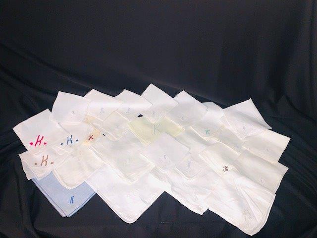 Large lot of initial K monogrammed handkerchiefs: Large lot of 25 assorted initial K monogrammed ladies handkerchiefs. Â Items vary in material and design as well as size. Â All are in good condition consistent with vintage linen, there is slight