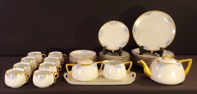 Spectacular Hand Painted Art Nouveau Tea Set: Spectacular Hand Painted and Gilt Heutschenreuther Antique Art Nouveau Tea Service this set includes: Tea pot 9 inches x 6 inches x 4 inches, creamer 5 1/4 inches x 4 inches, sugar bowl with lid 6 1/2