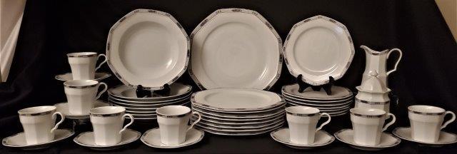 Christopher Stuart Lyme China Setting for 8: Christopher Stuart Y0013 Lyme Fine China. Made in Thailand. Description: Gray Boarder, Black Trim & Flowers Made in 1992-1993. Setting for Eight includes 8 - Dinner Plates, 8 - large Rim Soup Bowls, 8