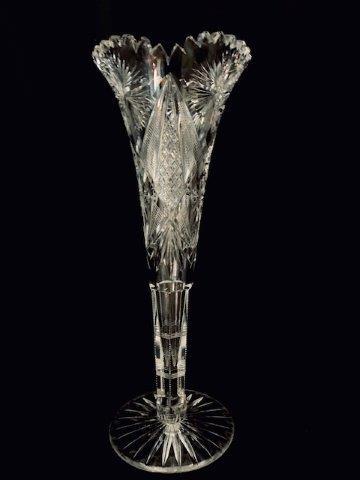 American Brilliant Cut Glass Vase: Stunningly gorgeous, this vintage American Brilliant cut glass vase soars at 14 inches tall. Dazzles in the light, small chip on rim that is barely noticeable and normal scuffing to bottom surface. Ba
