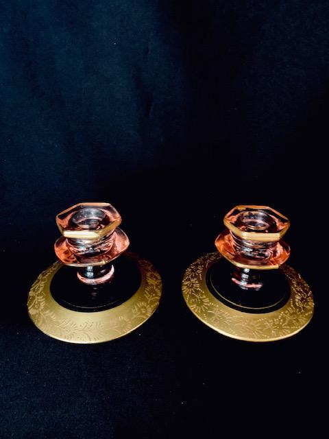 Pair of Pink Depression Glass Candle Holders: Lovely Pink depression glass trimmed in heavy gold bonder 4.5 inches diameter, 3 inches tall