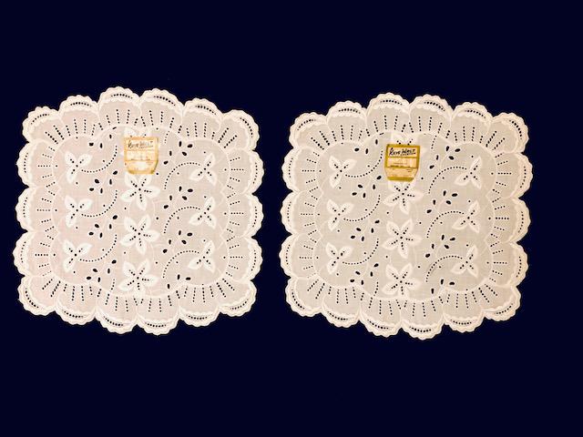New Vintage Kaye Walt Creation - Doilie: Beautiful Matching pair of new - old stock- Kaye Walt Creations Embroidered Crisp white table doilie 12x12 inches