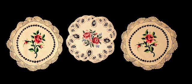 3 needle point and lace Rose Theme Doilies: Gorgeous craftmanship 9-10 inches in diameter