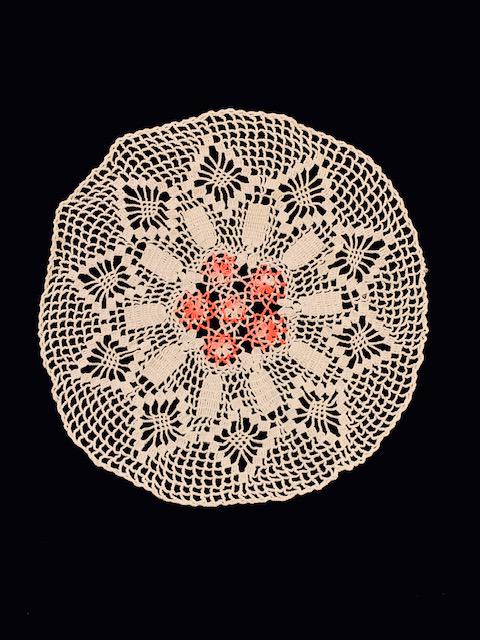 Hand Crochet vintage Pink Centered Doily: Beautifully crafted this vintage round lace doily measuring 15.5 inches in diameter, fabulous white and pink design