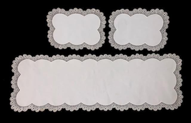 Trio of Embroidered Table Runners: Beautifully Embroidered table linens with scalloped edge. One is 42x14 inches, two are 14x10 inches