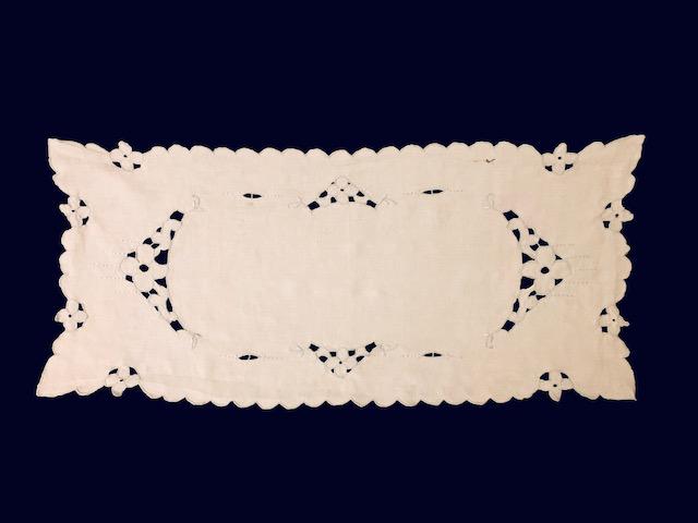 Cotton and Blue Embroidered Table Runner: Lovely white cotton table runner with light blue embroidered detail, note spotting on material, 29x13 inches