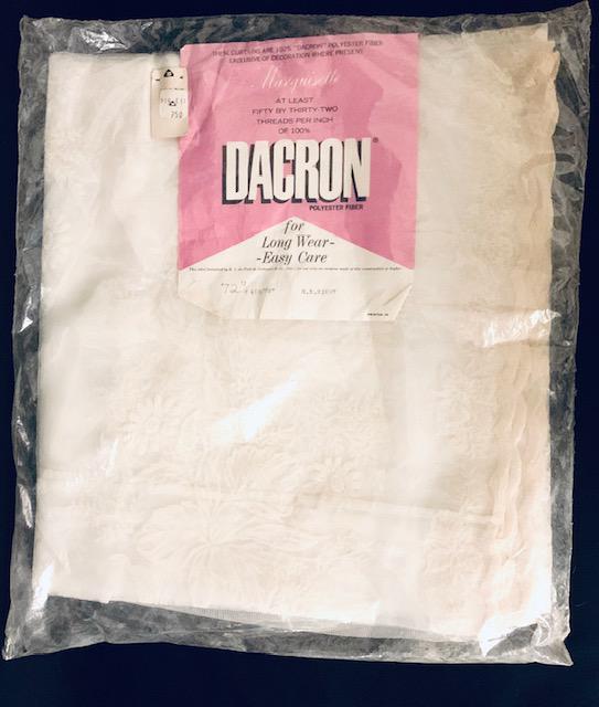 New Vintage Dacron Polyester Lace Curtain: Brand New Sealed in bag Dacron Polyester Fiber exclusive of decoration where present. At least 50x32 threads per inch of 100% Dacron Polyester fiber. 72 inches. Unsure if 1 panel or 2