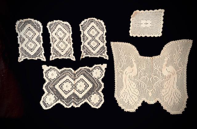 Vintage Lace Doilies Squared Collection: 6 Beautiful assortment of vintage lace doilies in shades of off white, various patterns. One 13.5x8 inches, one 15.5x16 inch, one 16.5x5 inches, three are 8.5x5 inches