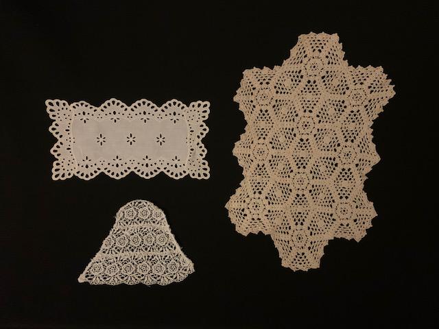 3 Vintage table doilies: 3 Assorted Vintage Table doilies. One is 5.5 inches, one is 10x5.5inches, one is 17x11inches. Off white, lace and fabric