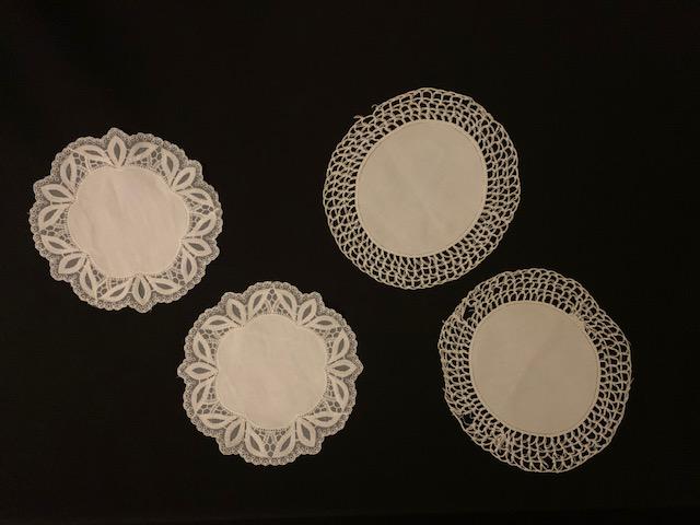 4 Circular Vintage Lace Doilies: Beautiful vintage Lace Doily table covers, two 8.5inches in diameter, two 9.5 inches in diameter, white with embroidered detail