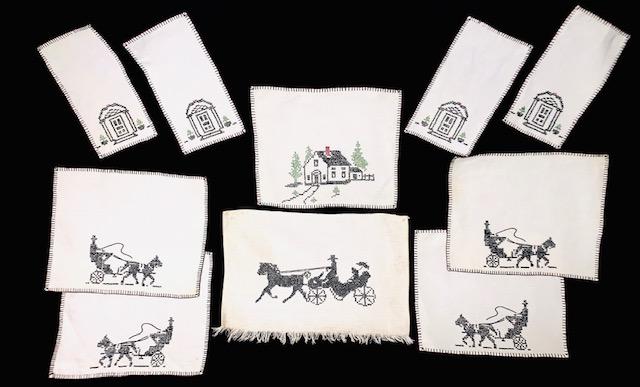 Early American Needlepoint Linens Hand Stitched: Awesome Collection of Early American Pioneer motif linens. Four are 10x5 inches, five table mats 12x10 inches, and one tea cloth 12x15 inches