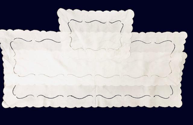 Trio of Vintage Linens: Gorgeous pair of vintage table runners with scalloped edging and embroidery detail. One is 17x11.5 inches, two are unmeaseured