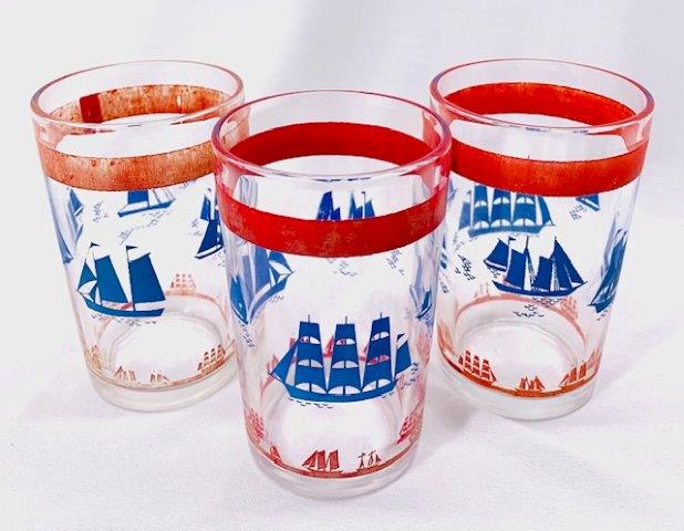 Trio of Vintage Sailboat Juice Glasses: Adorable mid-century sailboat juice glasses. 4 inches tall.